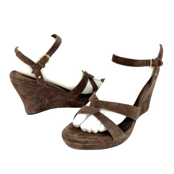 UGGS Shoes - 🟣🟣 UGGS Women's Size 7.5 Brown Suede Open Toe Wedge Ankle Strap Sandals